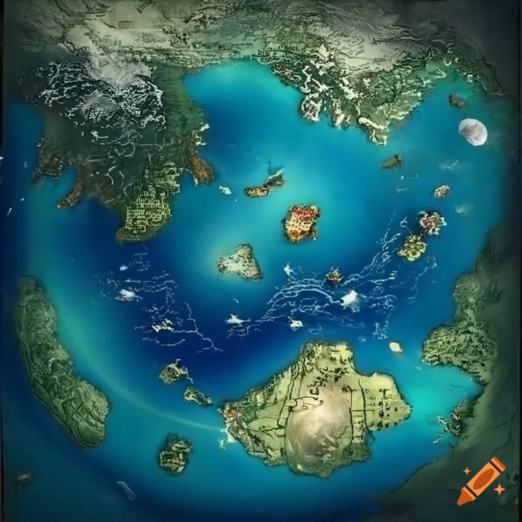 Intricately detailed map of a magical realm with continents, oceans ...
