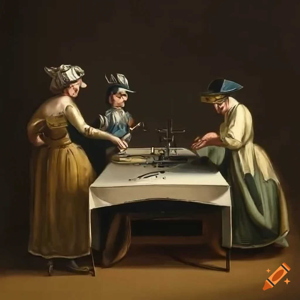 Group of tailors working around a table in a sewing workshop