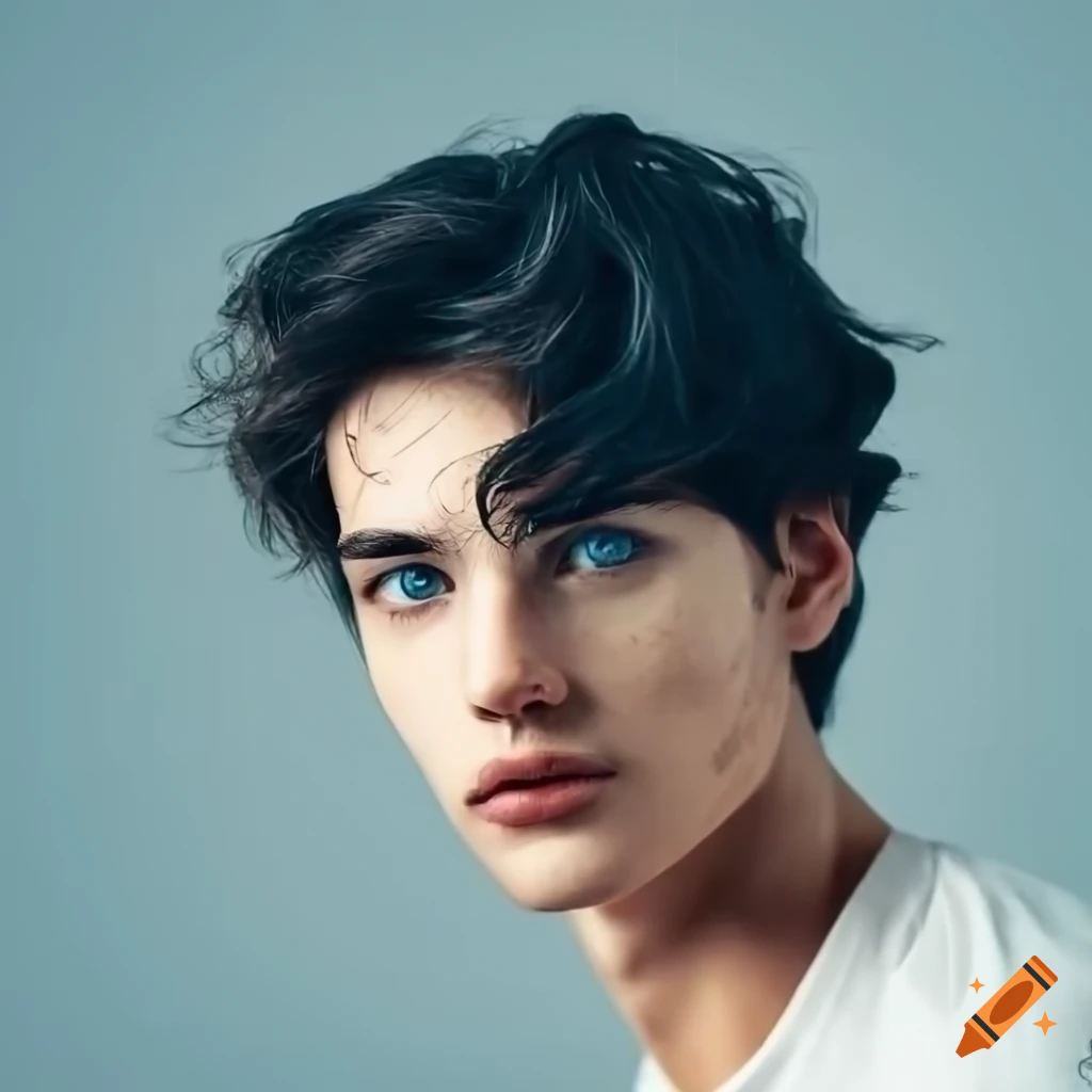 Dark haired handsome young man with bright blue eyes and cute features