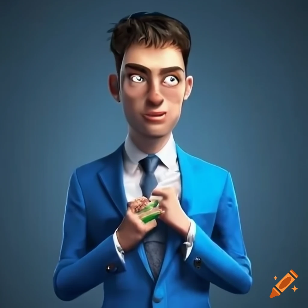 Animated man in blue blazer contemplating food exploration