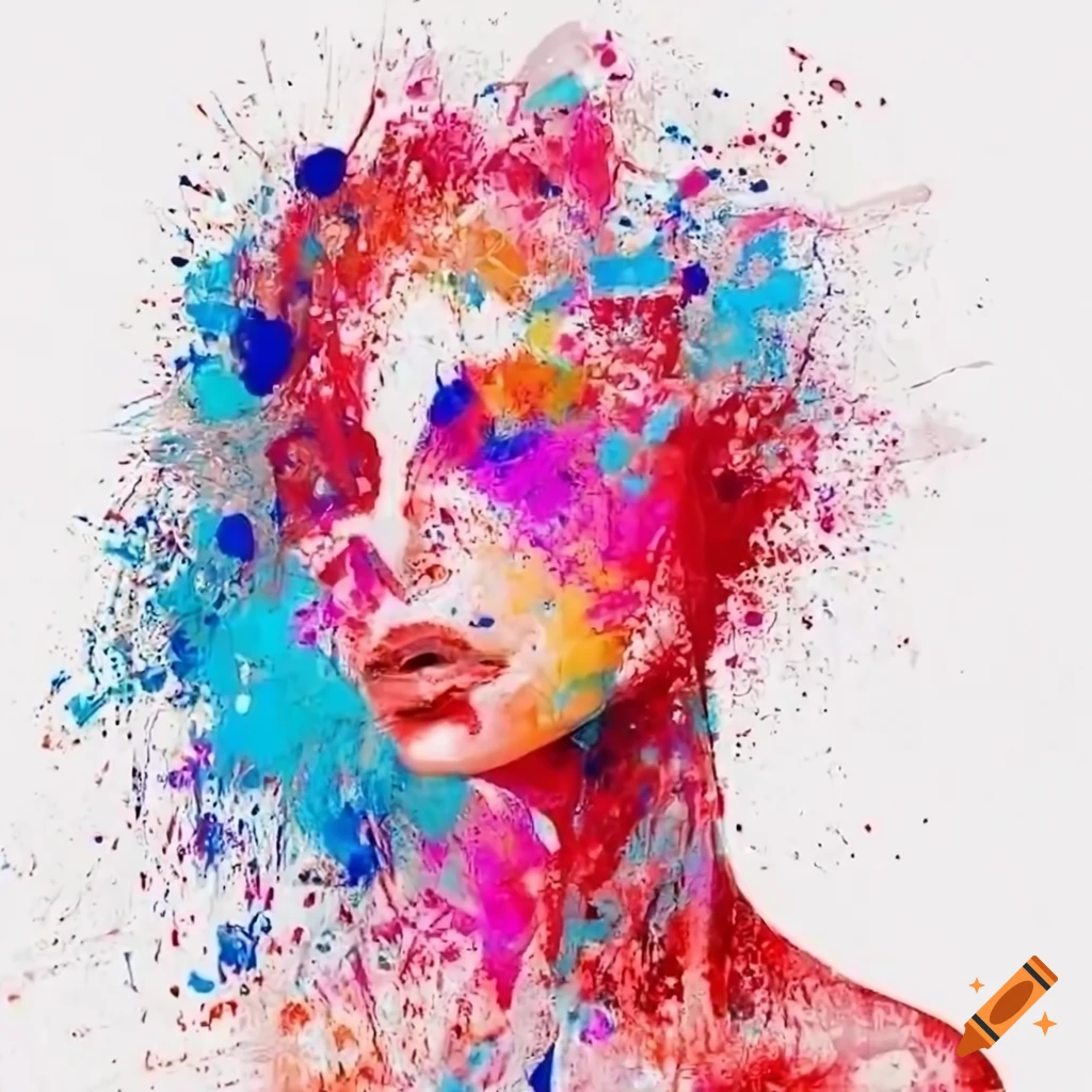 Abstract splatter painting in silver, white, pink, orange, blue, and red showcasing a woman's full body with emotion and creativity in fashion illustration style