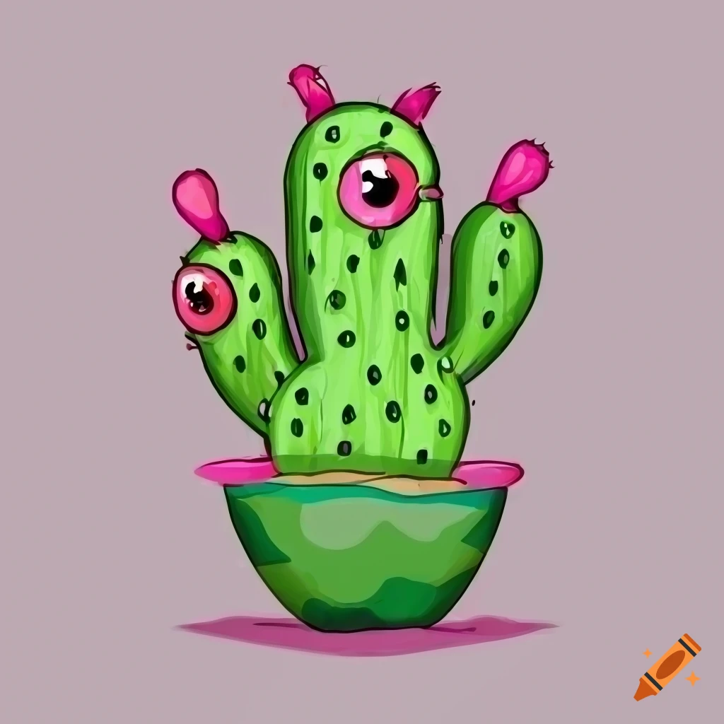 Stylized cactus-monster drawing with big eyes on white background
