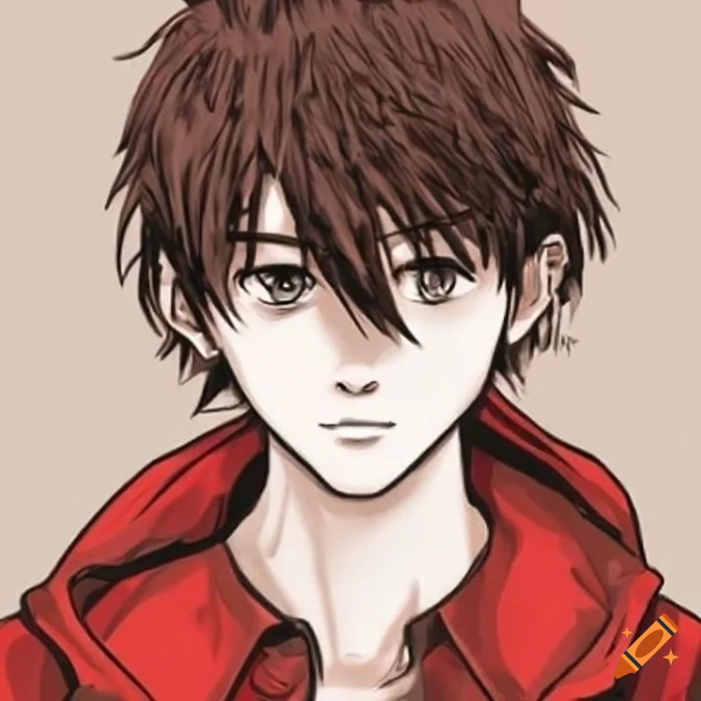 Anime sketch of a boy with dirty brown hair in a red jacket and black shirt