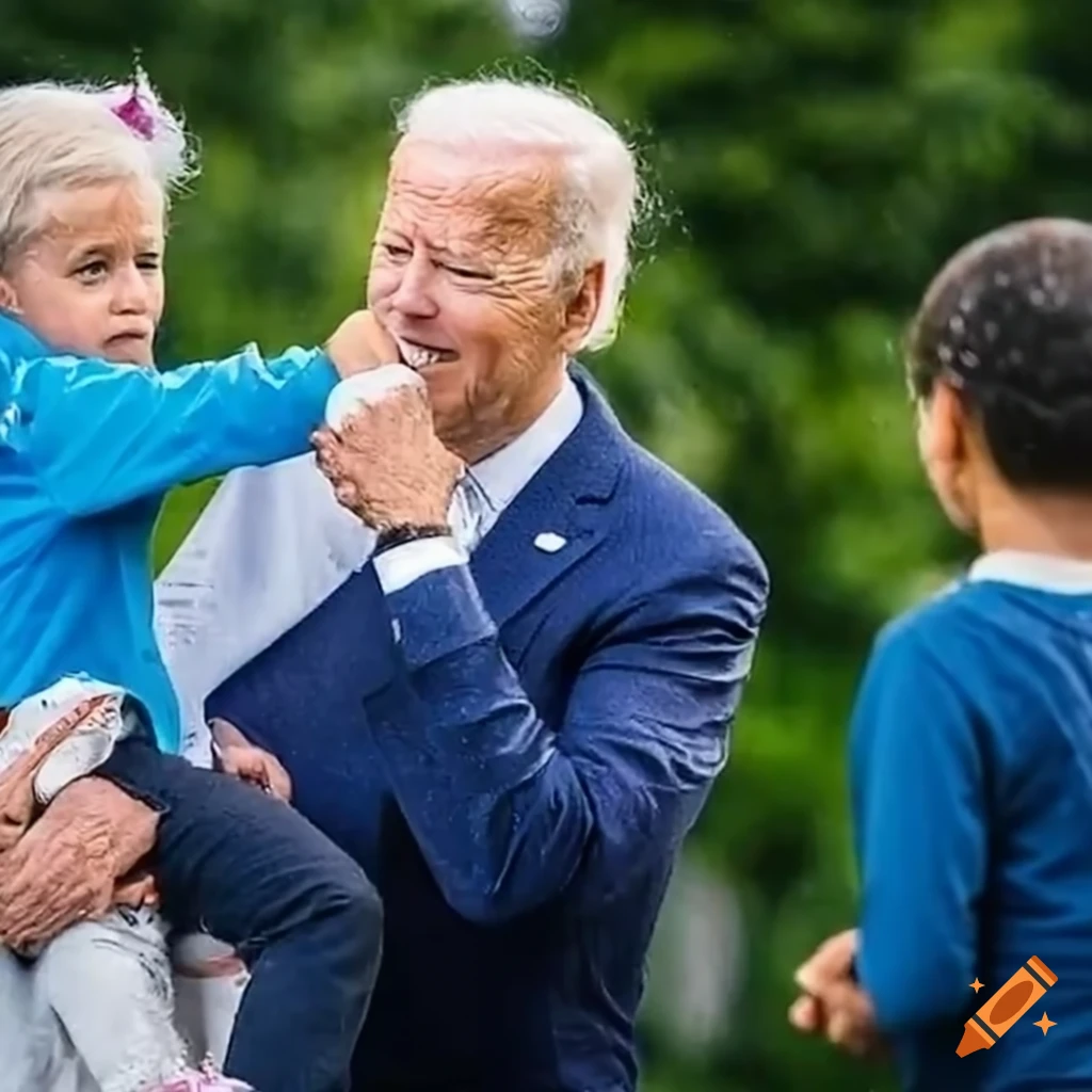 Joe Biden hiding among children during a rain shower