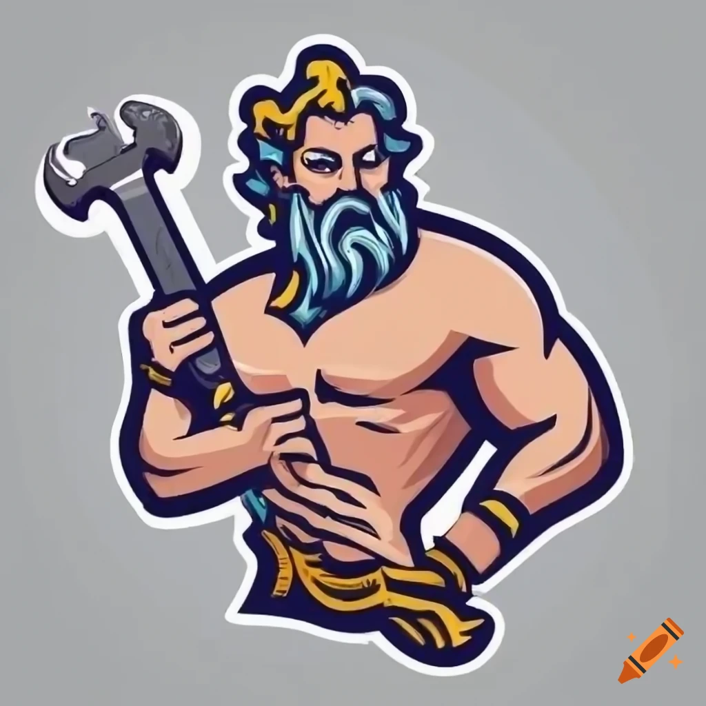 Mythological deity Poseidon with a wrench for mascot logo