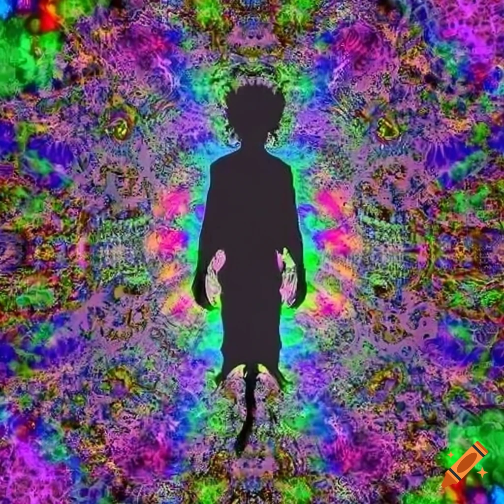 Silhouette of a man surrounded by fractal rainbow