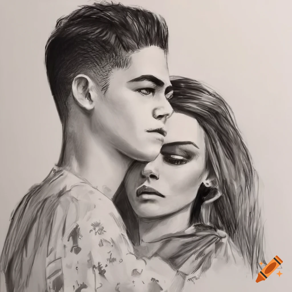 Hero Fiennes Tiffin and Josephine Langford in a pencil sketch with a signature 'Avinesh'