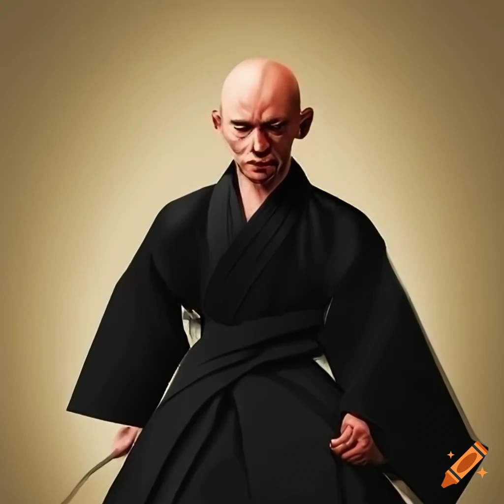 Bald man sewing an aikido skirt