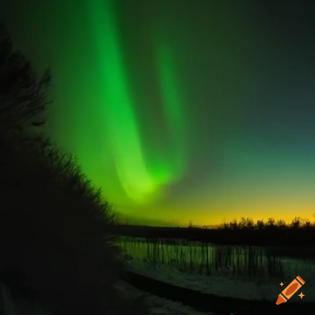Winter sunset in a country town with Northern Lights in the sky