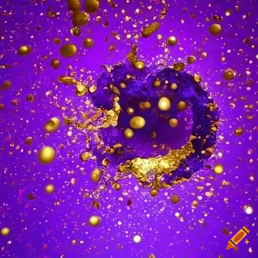 Vibrant purple color splash with gold glitter in 3D