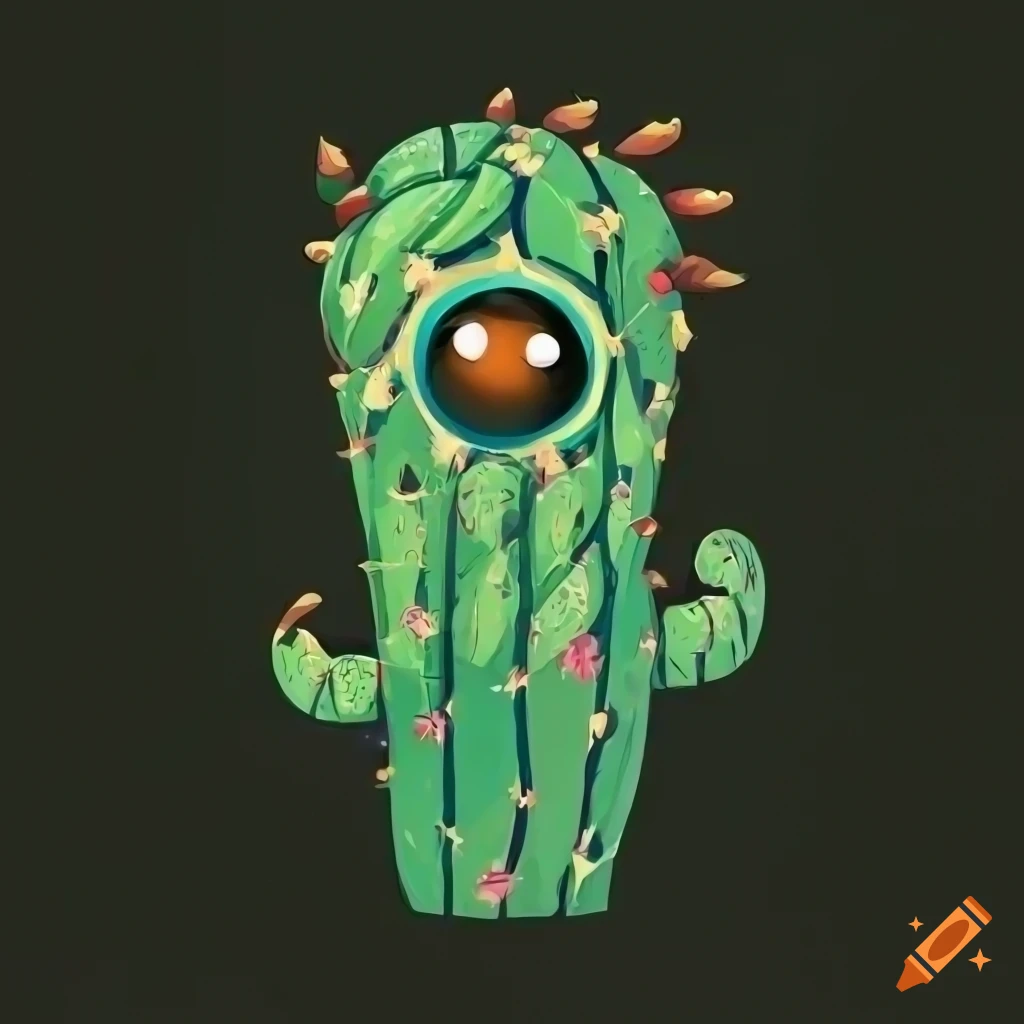Stylized cactus-monster drawing with big eyes on a white background
