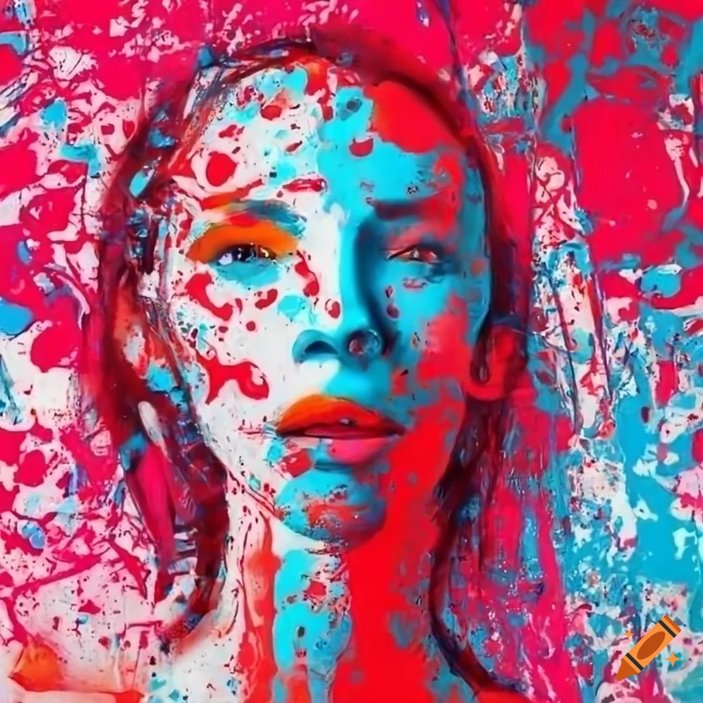 Abstract splatter painting in silver, white, pink, orange, blue, and red showcasing a woman's full body with emotion and creativity in fashion illustration style