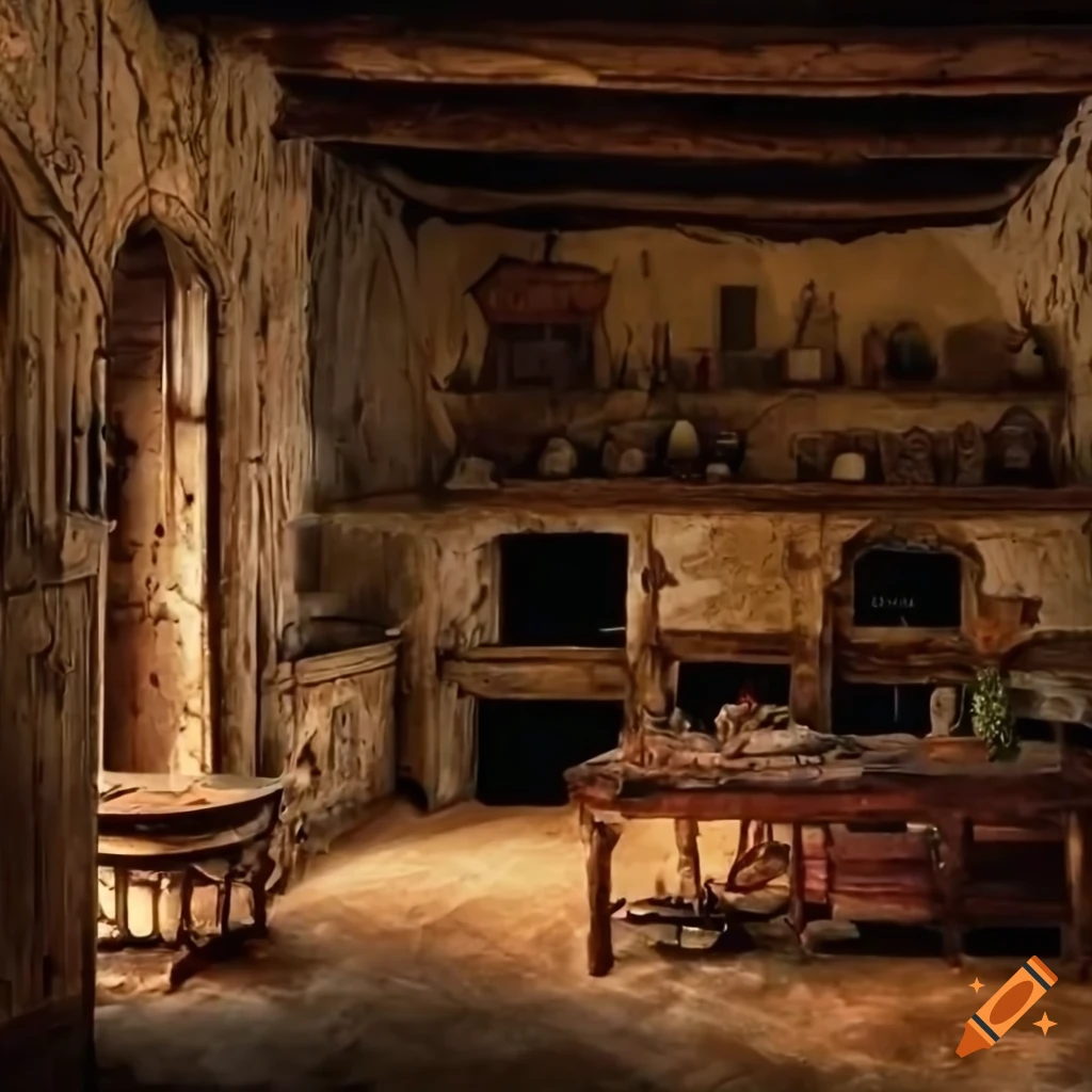 Large kitchen in a medieval mansion with fruits on the table and odd-looking bocals on shelves