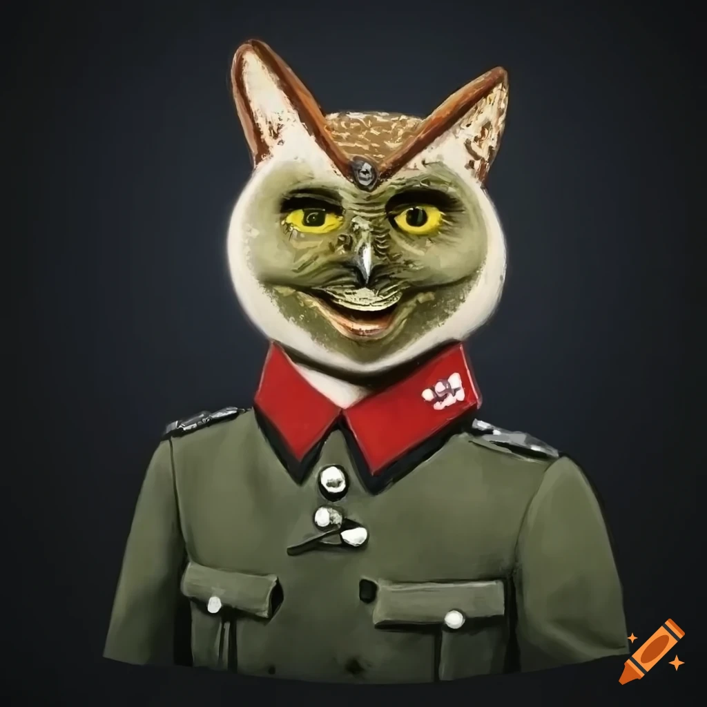 Painted portrait of a green owl in a military uniform