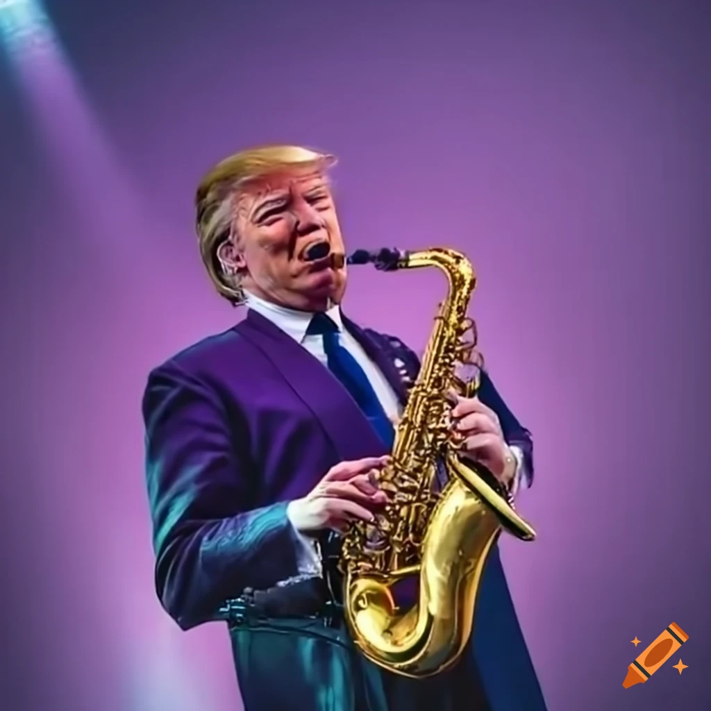 Donald trump playing saxophone on stage with a synthwave band on Craiyon