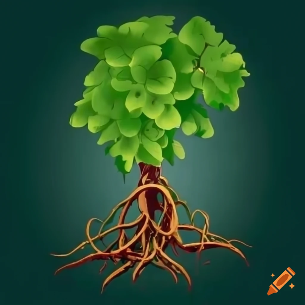Vine plant with leaves, green grapes, and underground roots