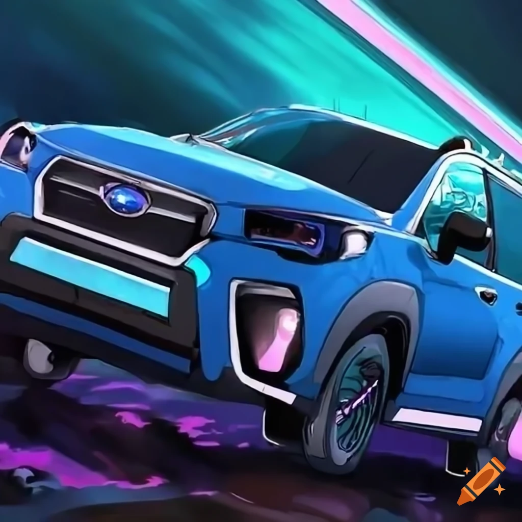 Detailed anime-style vibrant blue Subaru Forester