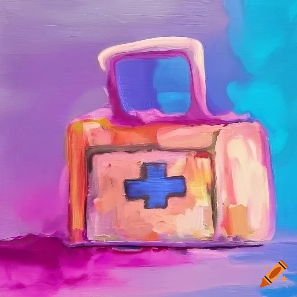 Whimsical oil painting of a first aid kit filled with dollars in vibrant colors
