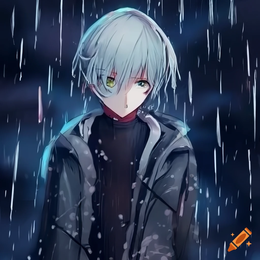 Anime boy with white hair and a hat in the rain on Craiyon