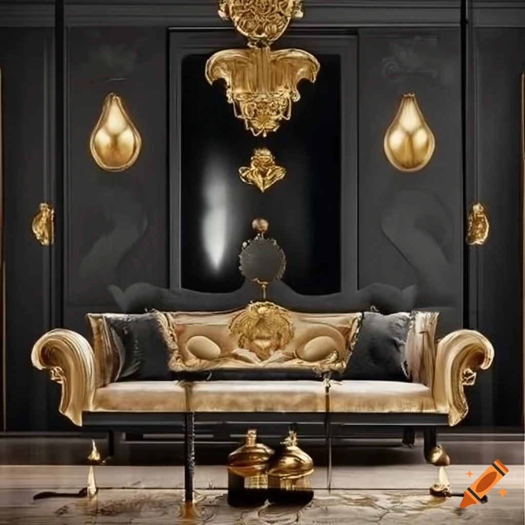 Elegant interior design with black and gold accents and plush