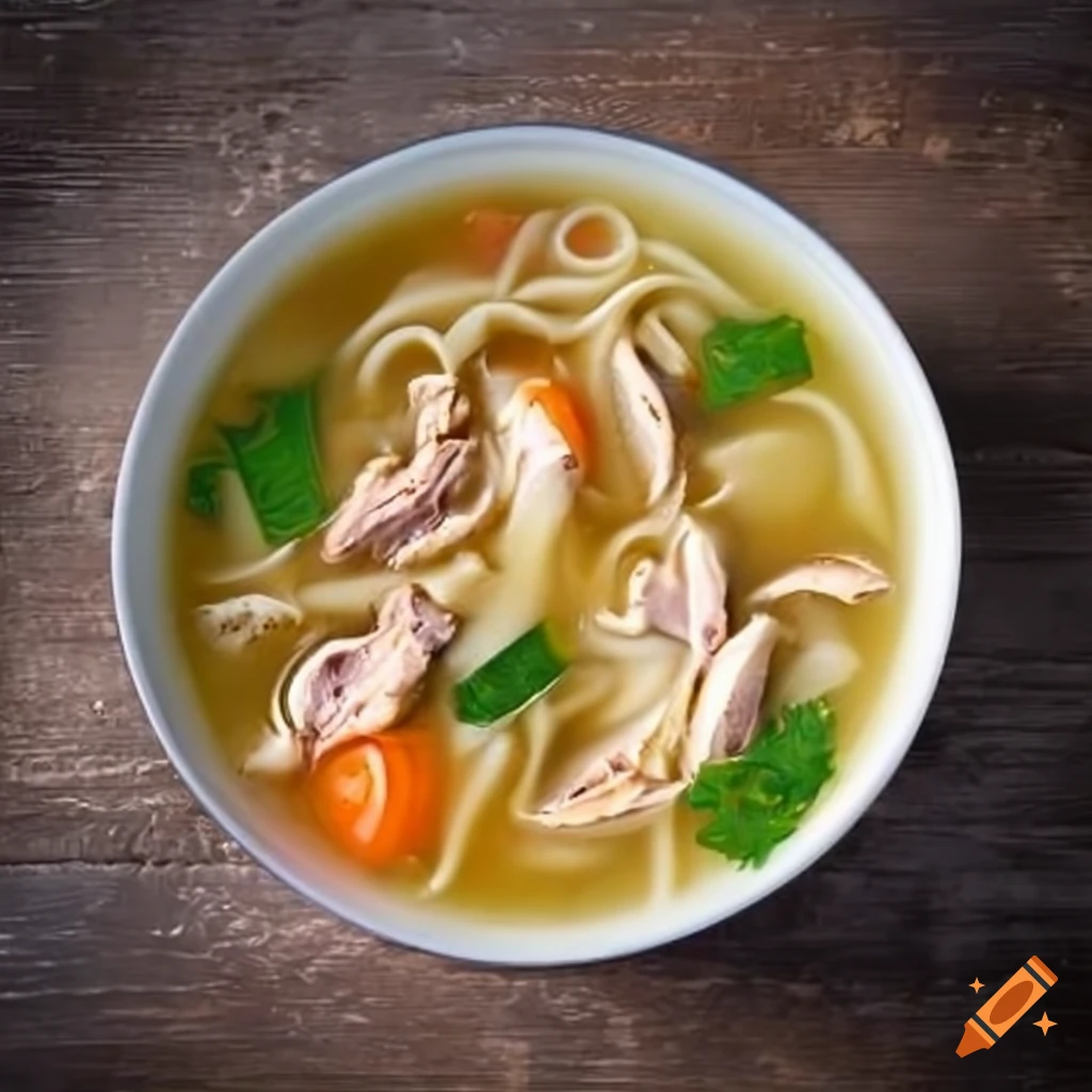 Bowl of chicken noodle soup with steam and brownies on a rustic table