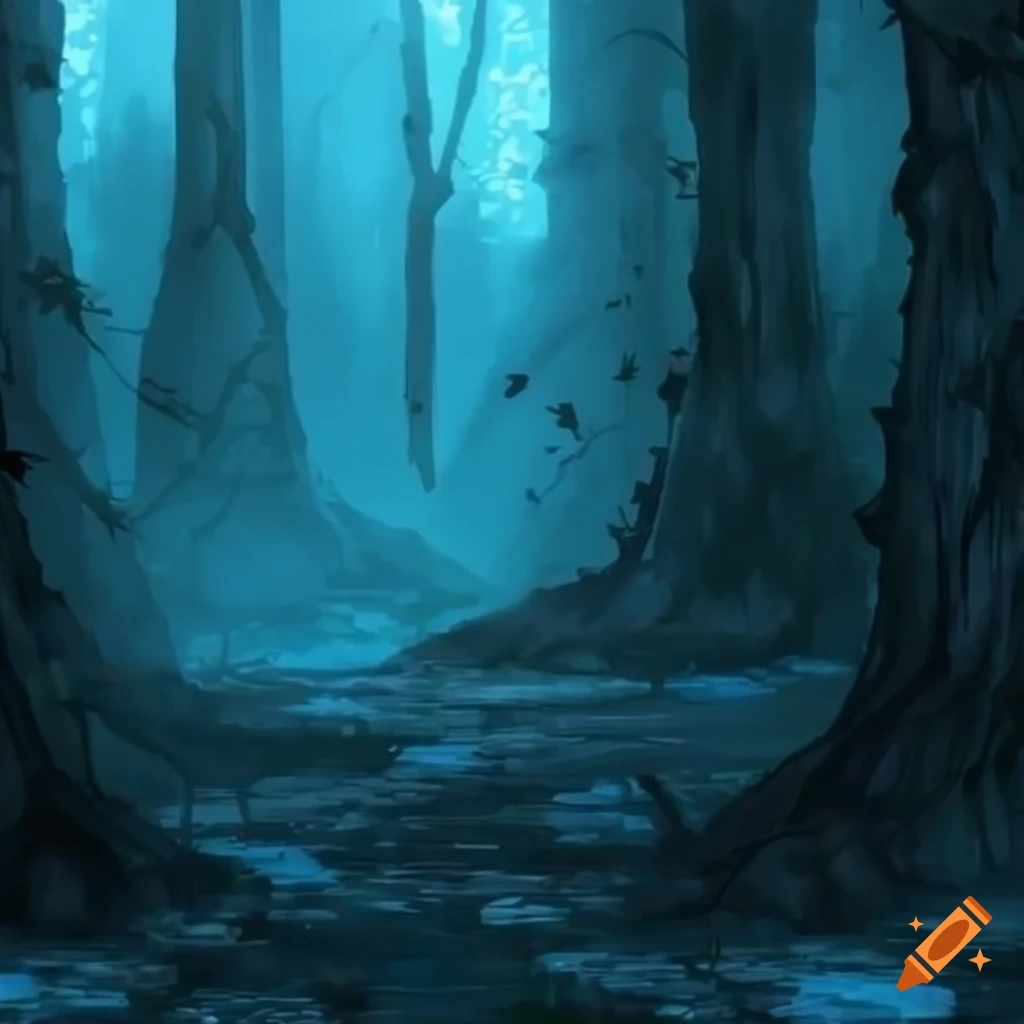 Empty forest with black and blue tones reminiscent of an RPG game