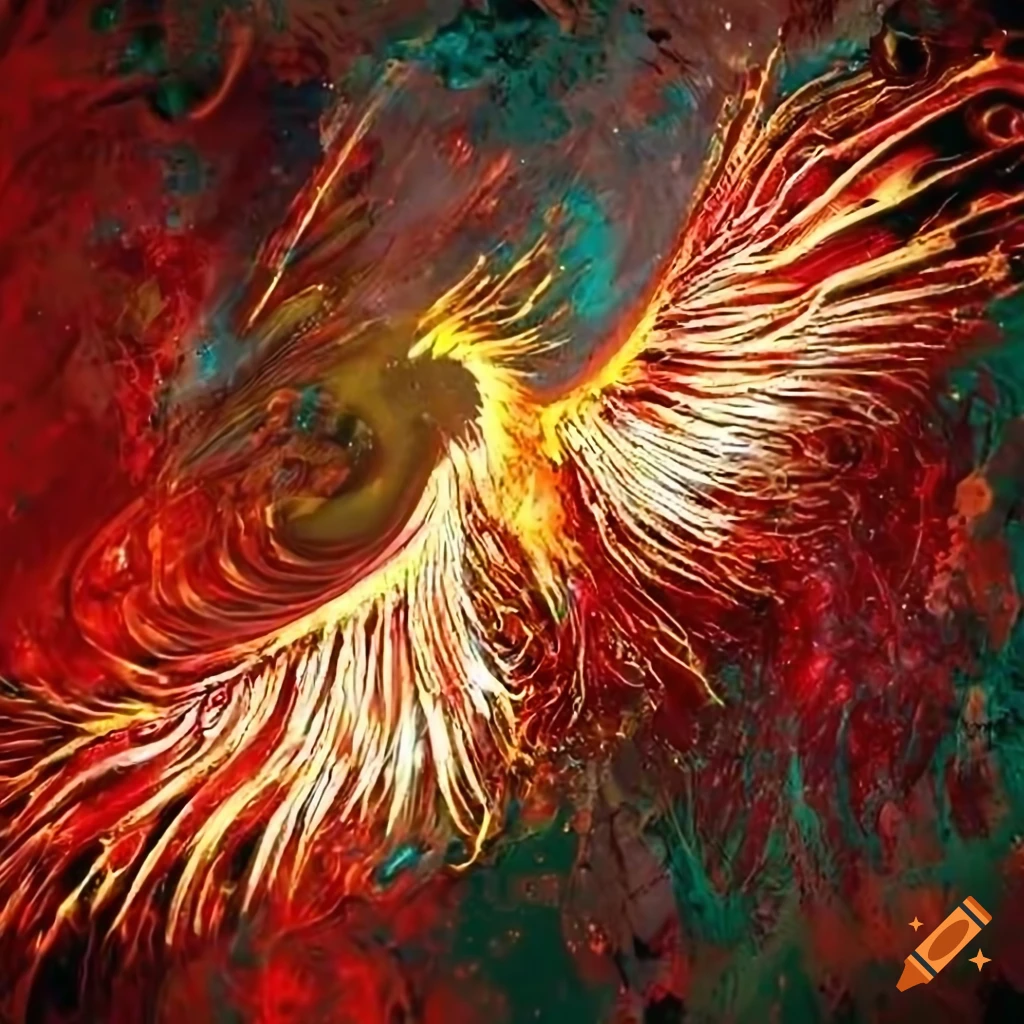 Abstract splatter painting of a majestic golden phoenix rising from fiery flames in a celestial realm