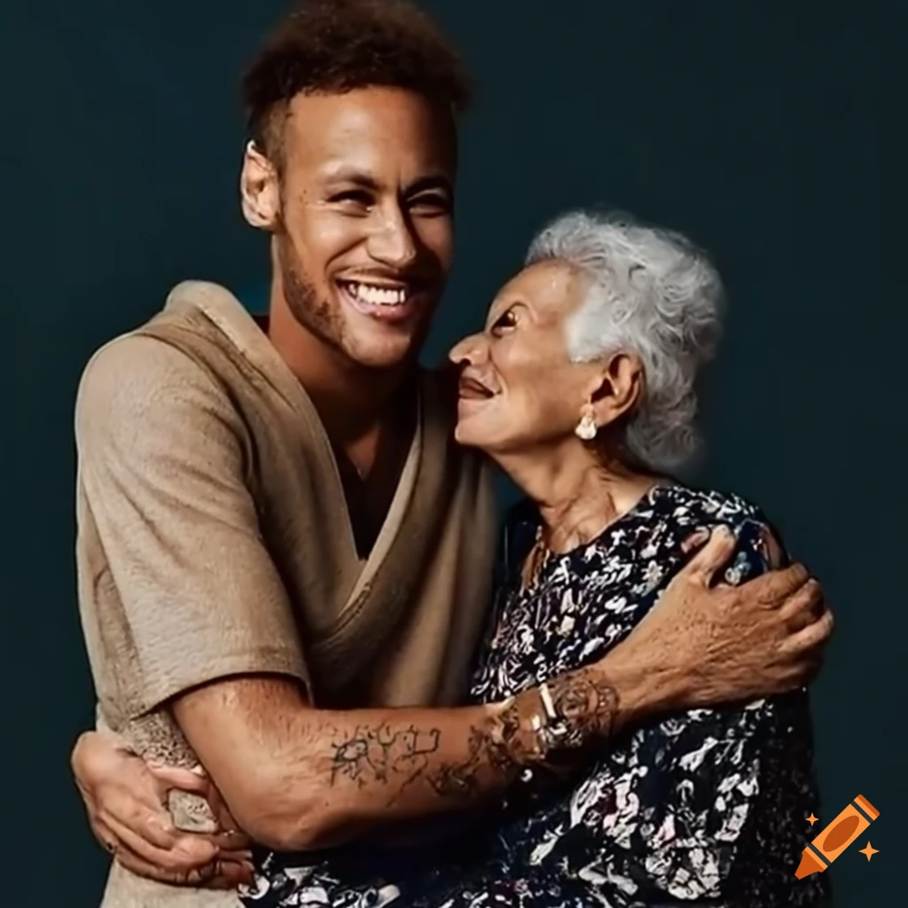 Neymar embracing an elderly woman joyfully