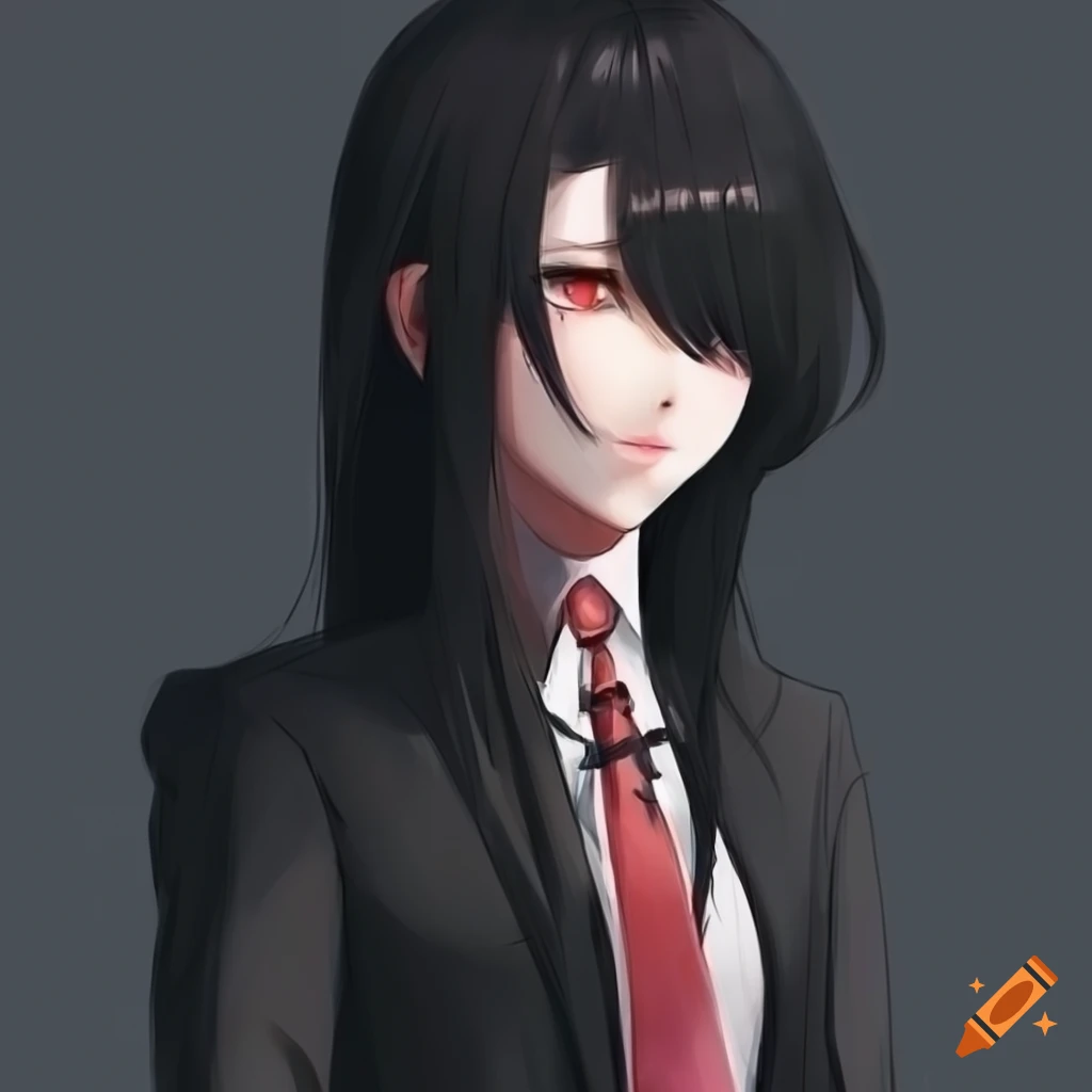 Pale girl with long black hair, red eyes, and suit