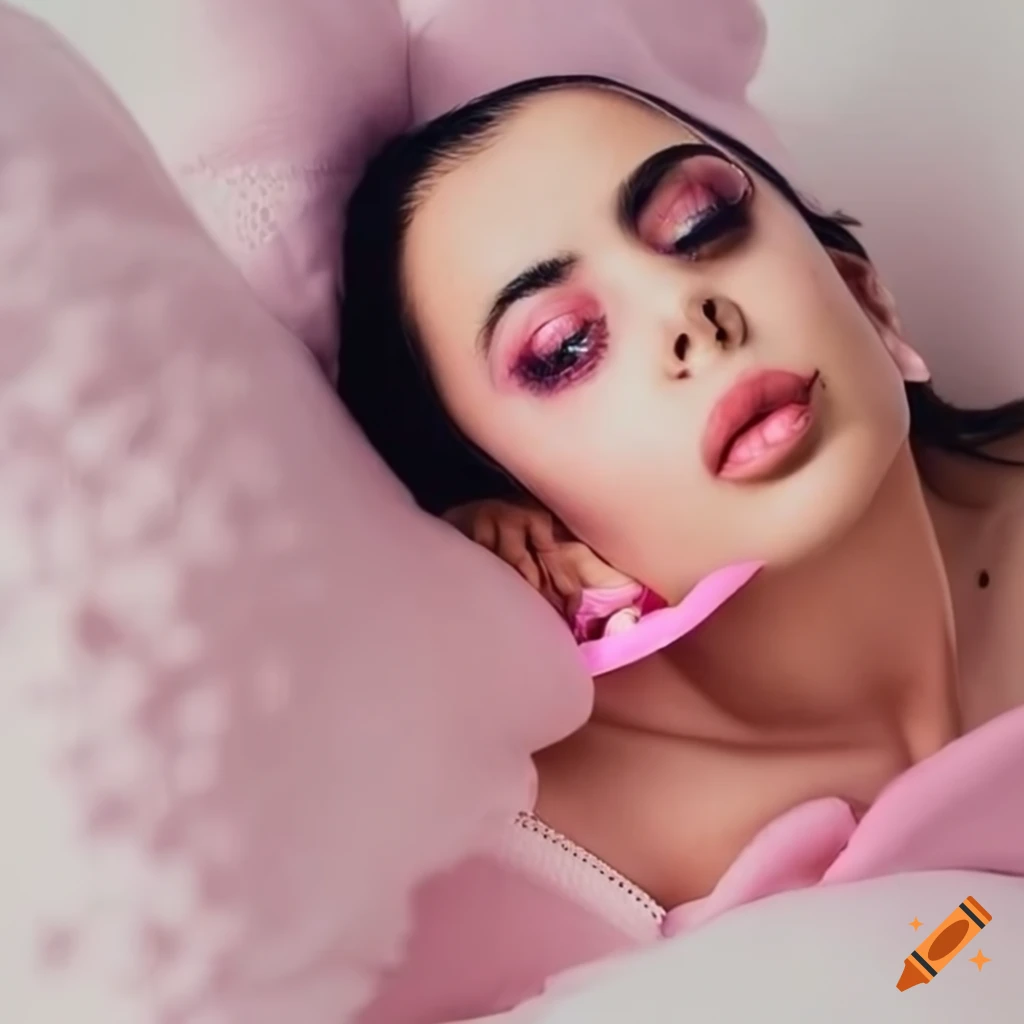 Charli XCX in a soft pink nightgown and slippers lying on a pillow