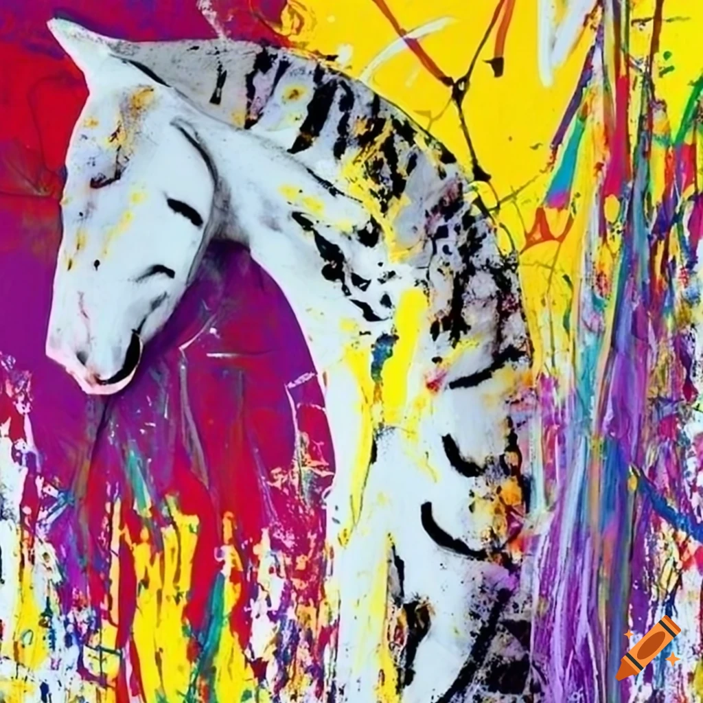 Abstract splatter painting in silver, red, lilac, and yellow with figure-like shapes