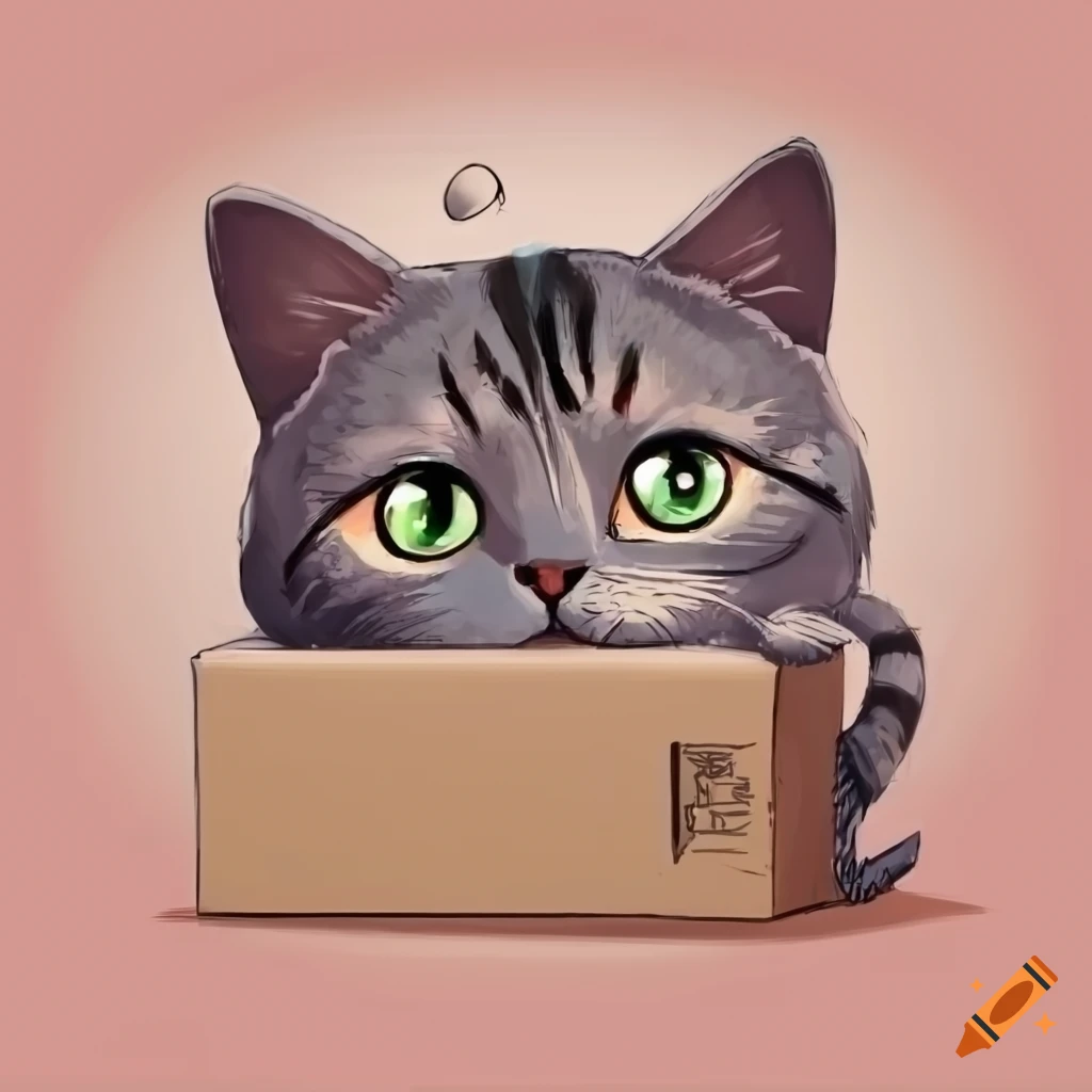 Light gray cat in a cardboard box in manga style on Craiyon