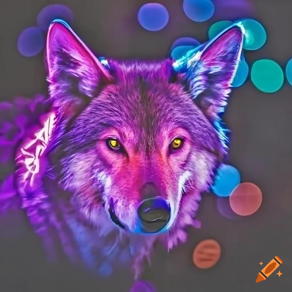 Cyberpunk wolf in pink and purple colors with neon signs background on ...