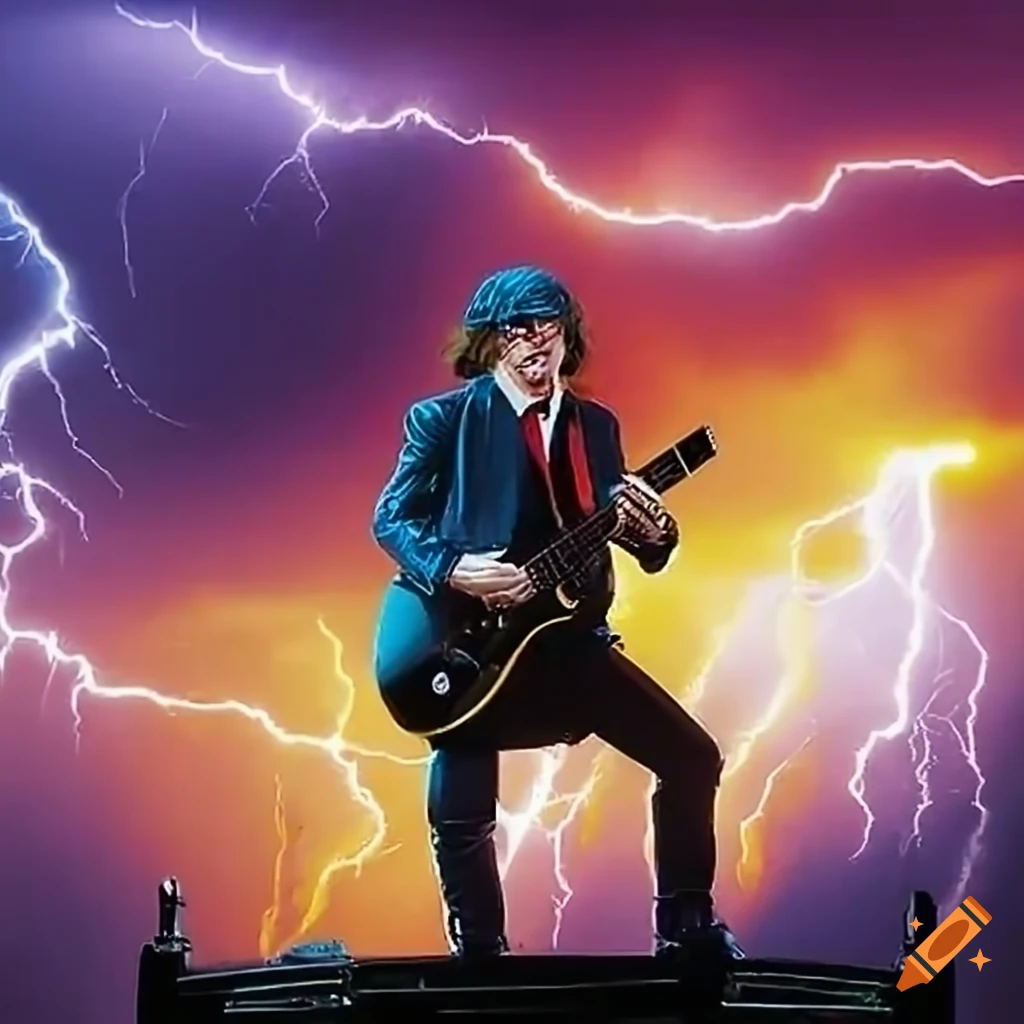 AC/DC performing 'Thunderstruck' in a thunderstorm on Craiyon