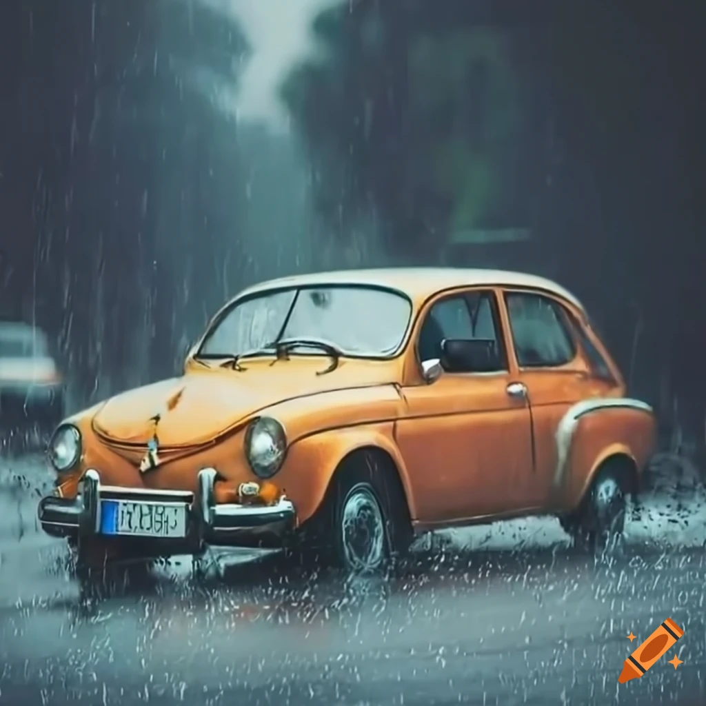 Classic Renault car parked in the rain