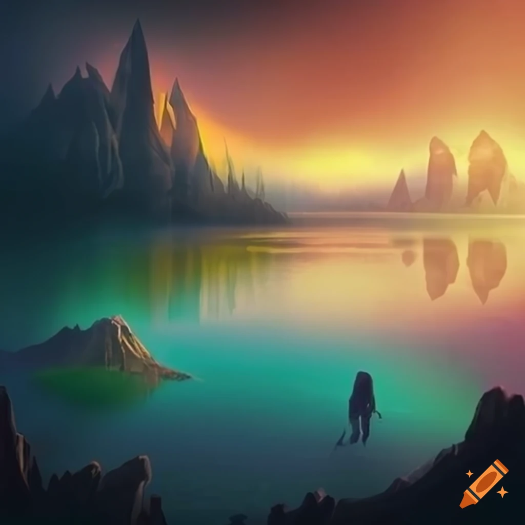 Special effect - god rays shining on a mountain lake