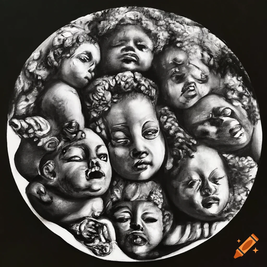Weird cherubs' faces in a bright circle in black and white charcoal