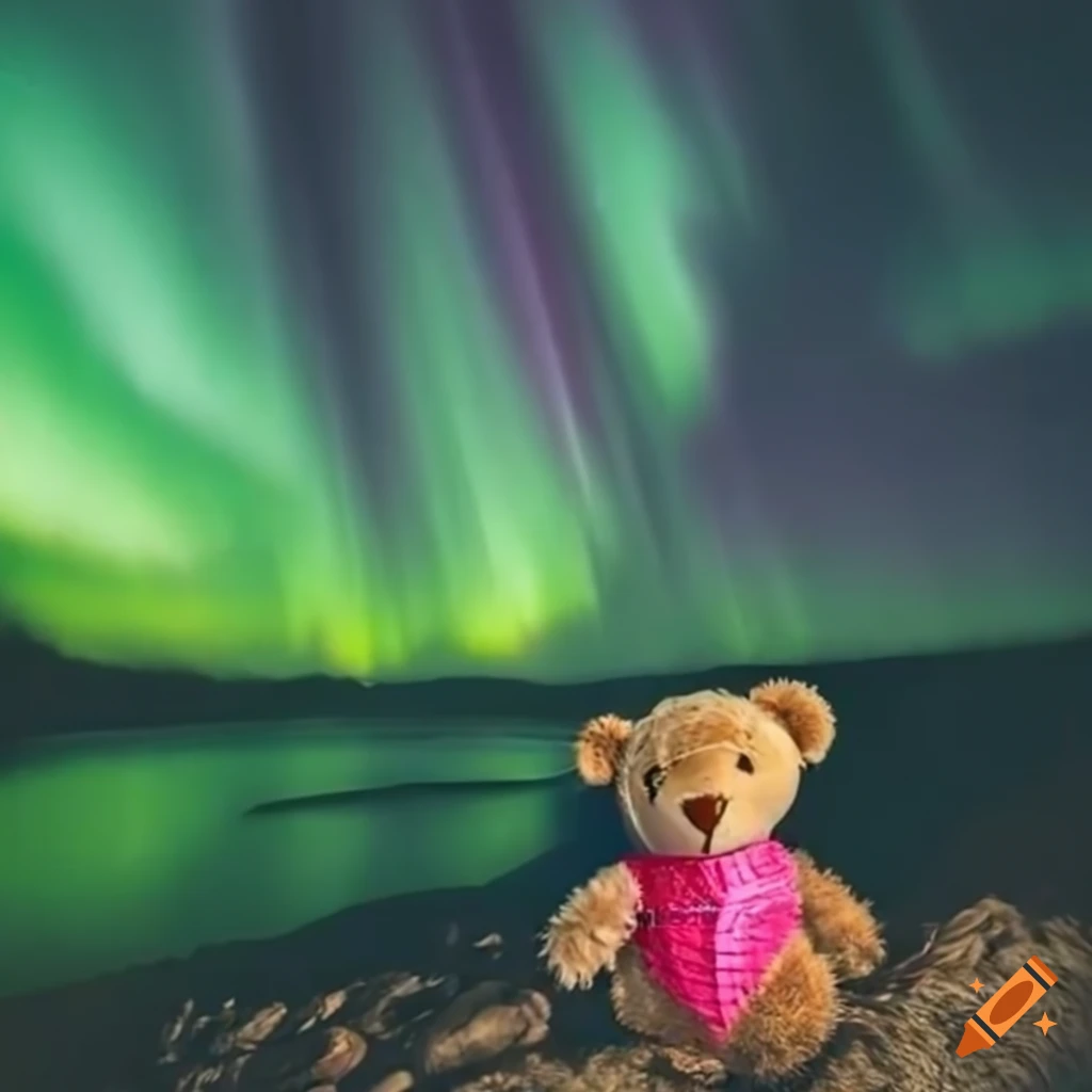 Teddy bear gazing at the northern lights