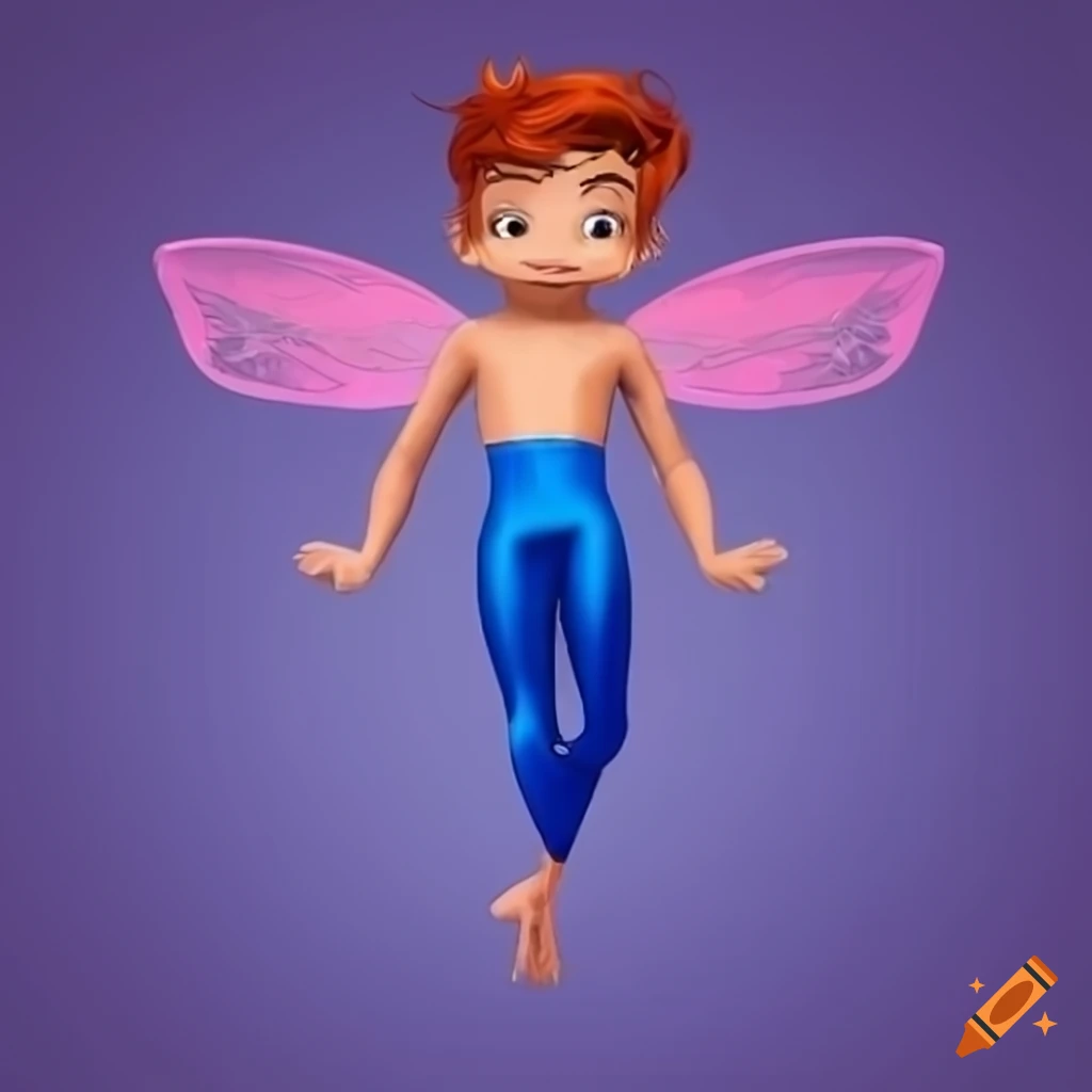 Male fairy with brownish orange hair and purple cobalt leggings flying in the air