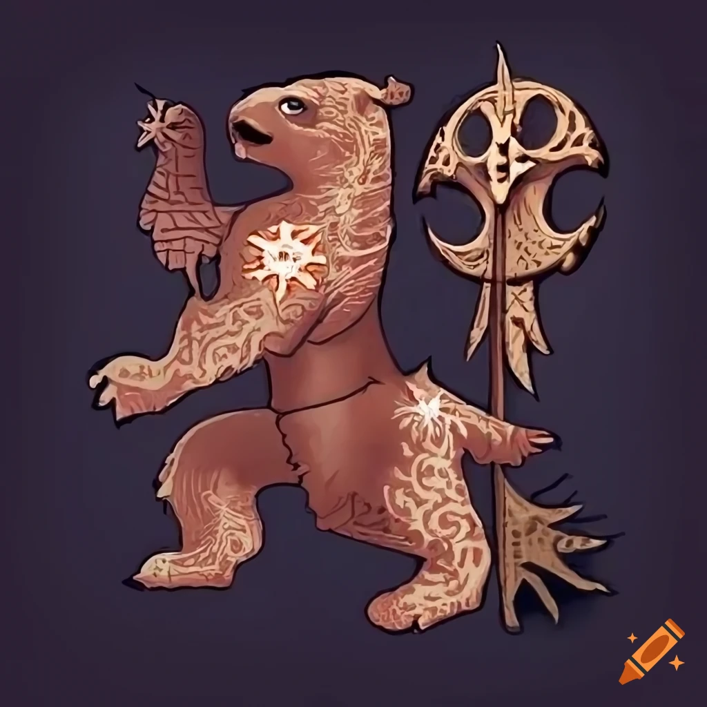 Heraldic bear chasing a nine-pointed star in medieval woodcut style on ...