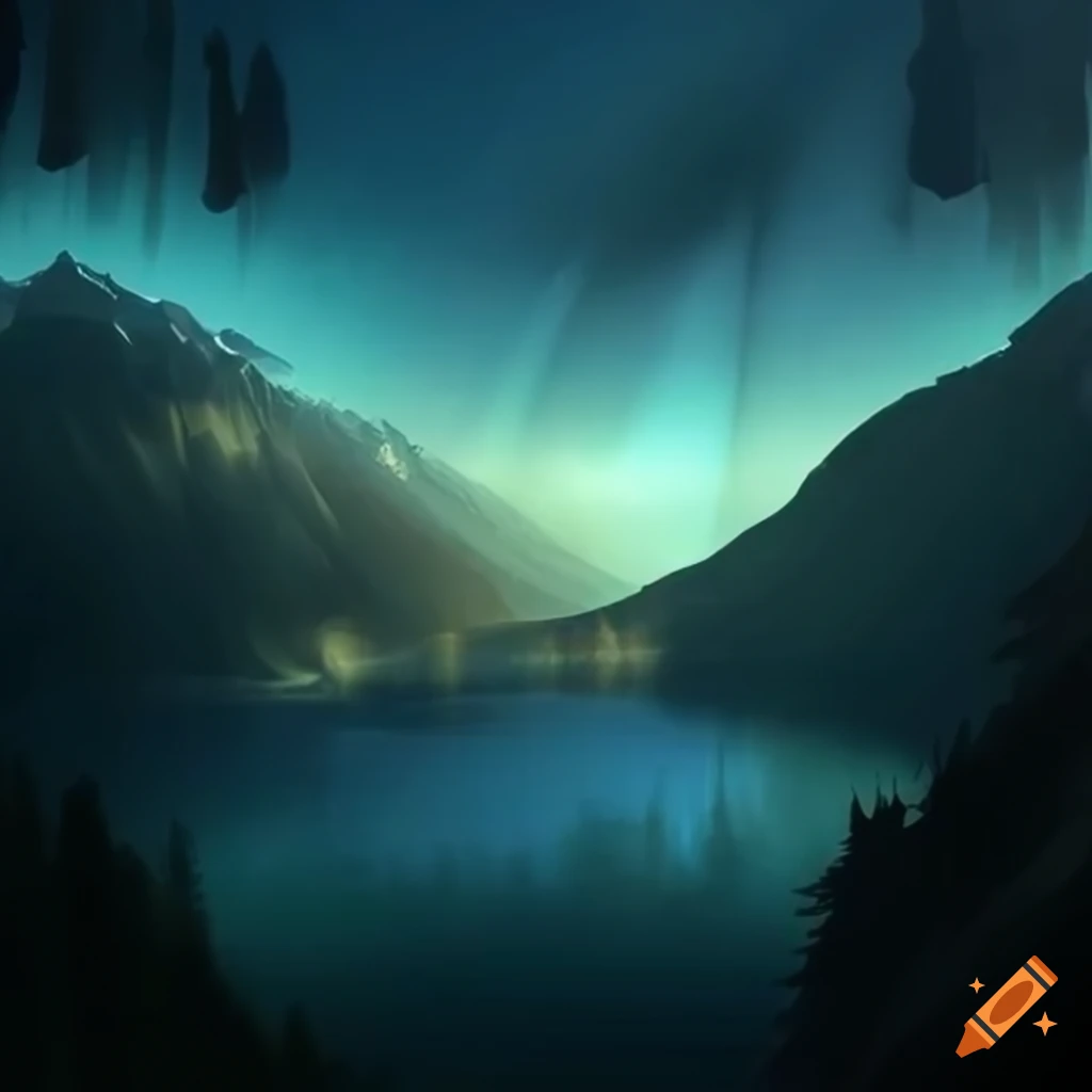 Special effect - god rays shining on a mountain lake