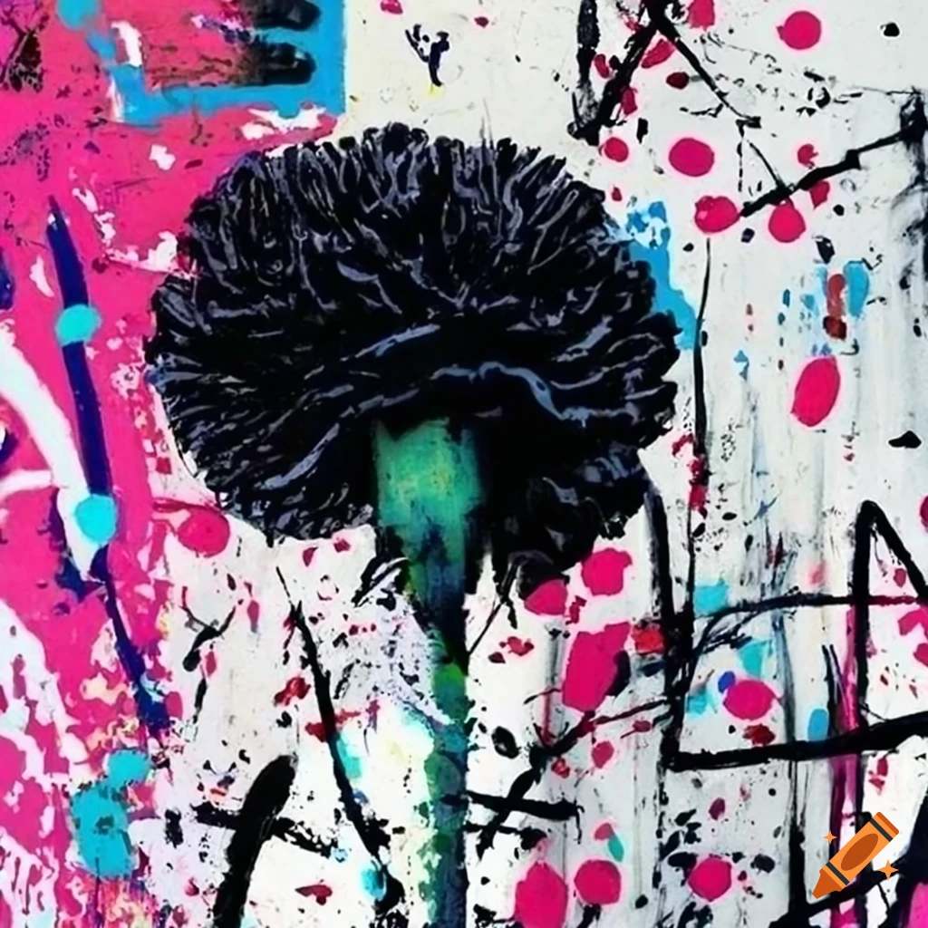 Abstract graffiti doodle of a black carnation on textured background inspired by Banksy and Jackson Pollock