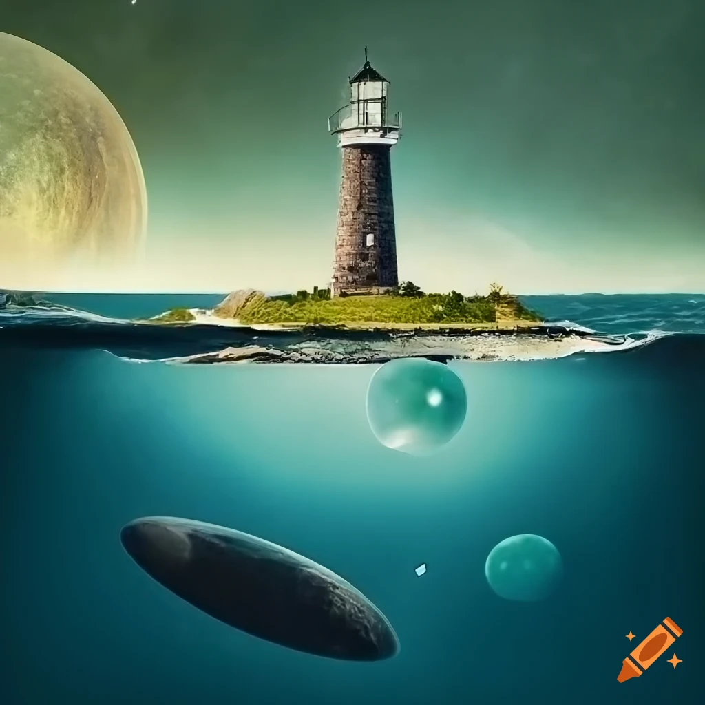 Surreal underwater lighthouse with ringed planets and giant eyes in a ...