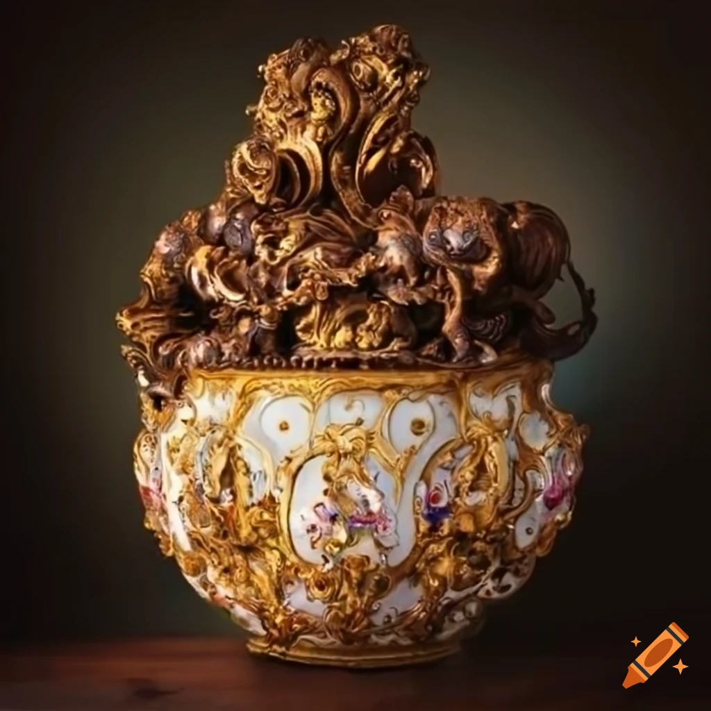 Ornate baroque gigantic bowl of decorative items in a decadent temple palace