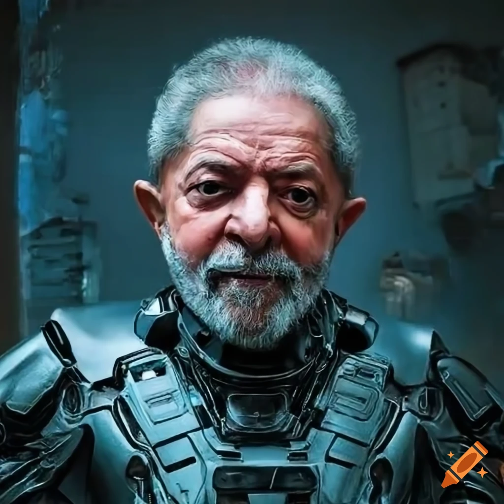 Hyperrealistic portrait of former President Luiz Inacio Lula da Silva in a futuristic cybernetic suit