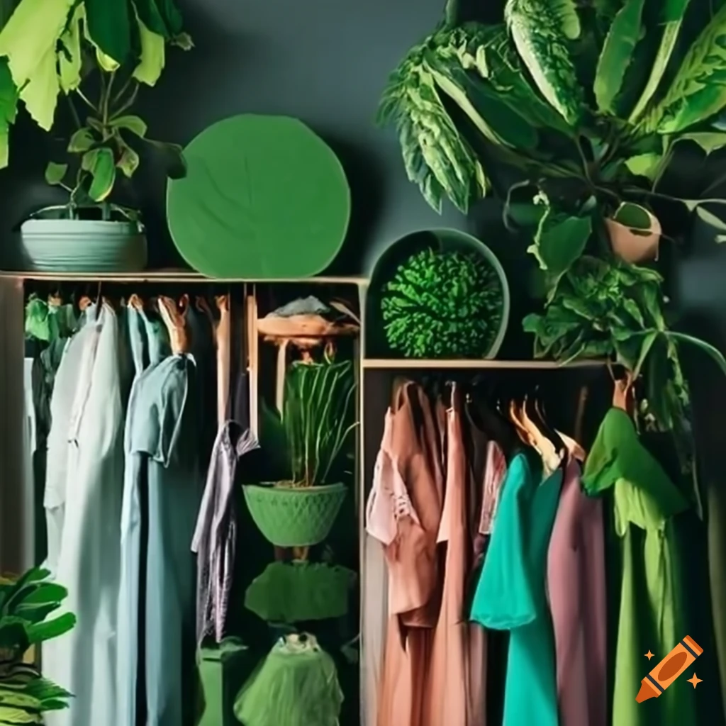 Stylish and organized walk-in wardrobe with green plants and clothing
