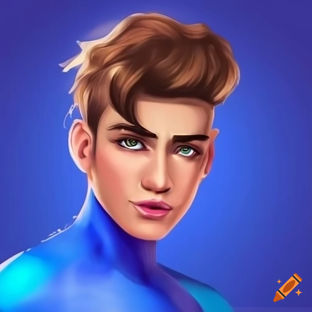 Handsome male fairy with short wavy dark brown hair in cobalt blue spandex suit