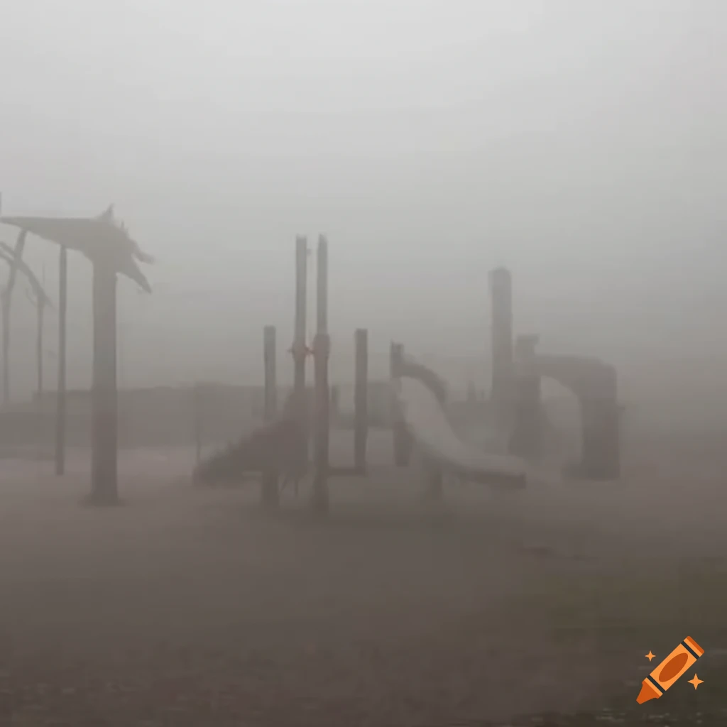 Children's playground surrounded by fog creating an eerie atmosphere