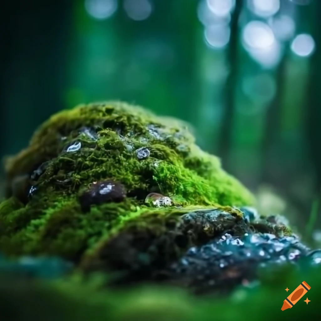 Mossy terrarium with rain and soft lighting