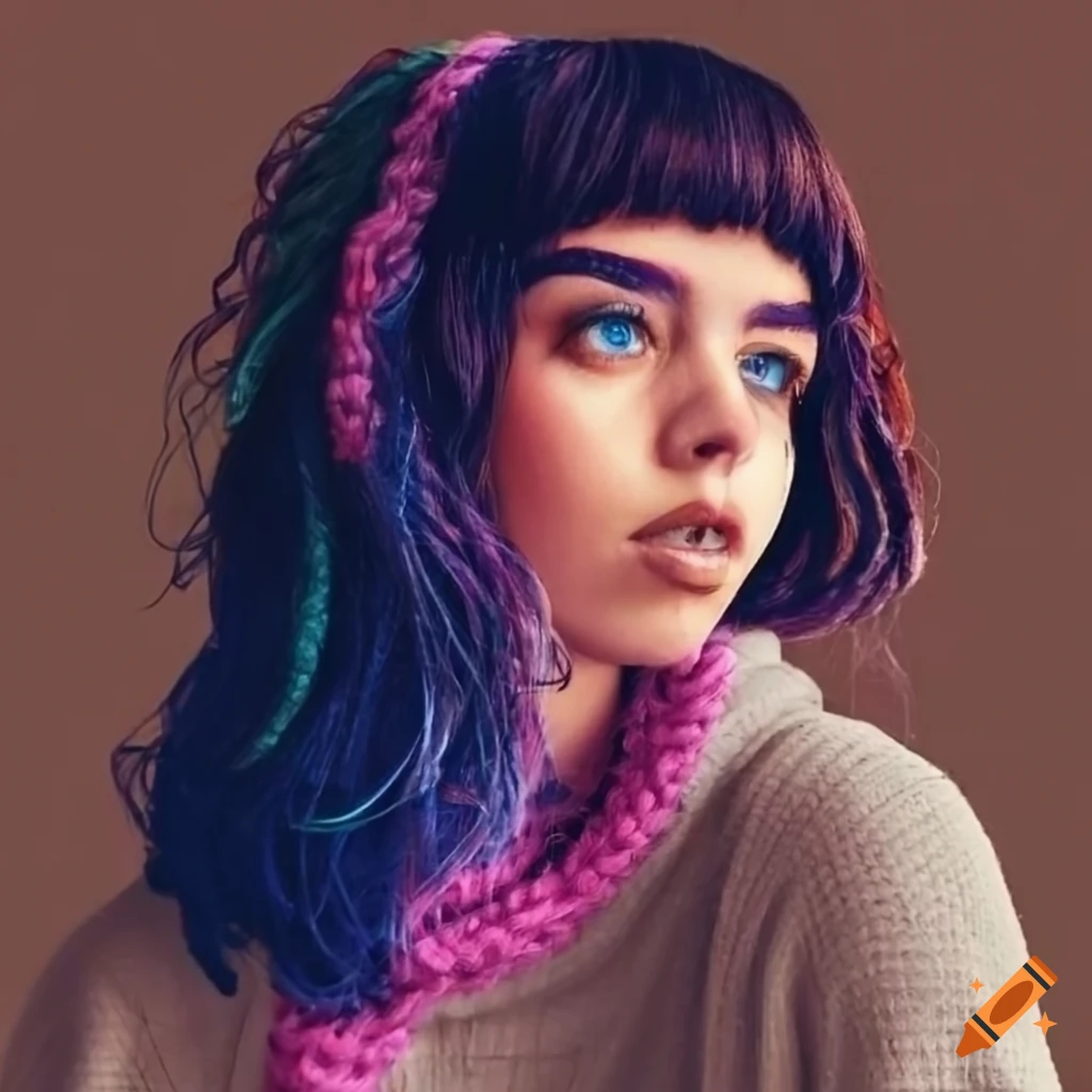 Spiritual brunette with blue eyes and colorful knitting project